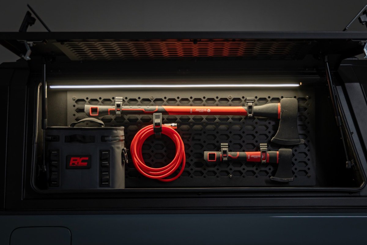 Jeep Gladiator Bed Cap MOLLE Panel Storage Bin - Driver Side - Rough Country - Integrated LED Lighting, Powder-Coated - '20-'25